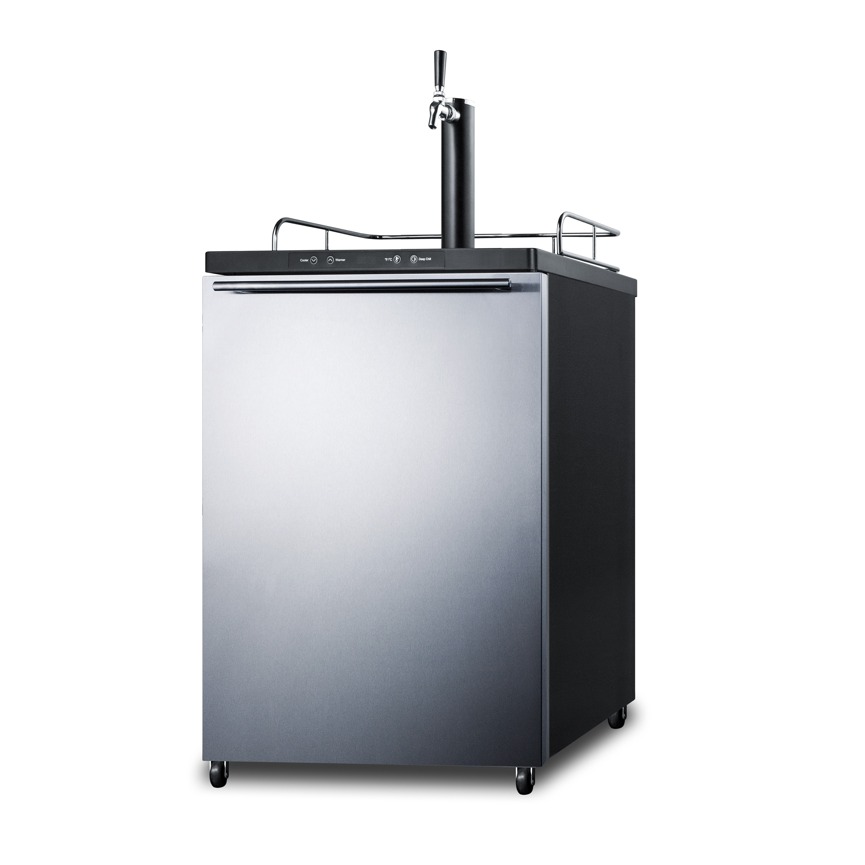 Freestanding residential beer dispenser, auto defrost with digital thermostat, stainless steel wrapped door, horizontal handle and black cabinet